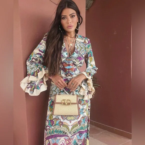Zara Bohemian ruffledPatterned Maxi Dress casual summer vacation